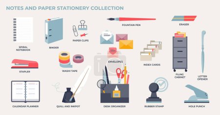Illustration for Notes and paper stationery for office and workspace tiny collection set. Labeled elements with spiral notebook, binder, paper clips and desk organizer vector illustration. Office items for work. - Royalty Free Image