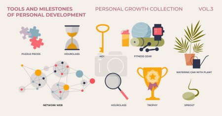 Illustration for Tools and milestones of personal development or growth in tiny collection set. Labeled elements with success and determination resources vector illustration. Progress, goal and resolution objectives. - Royalty Free Image