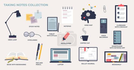 Illustration for Taking notes and writing work or study memos to remember tiny collection set. Elements about reminders, business plan or sticky notes for important or urgent task time management vector illustration. - Royalty Free Image