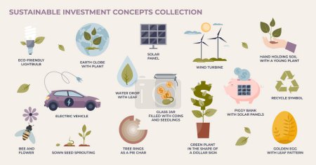 Illustration for Sustainable investment and green energy business tiny person collection set. Labeled elements with alternative power sources, effective electricity usage and environmental profit vector illustration. - Royalty Free Image