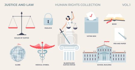 Illustration for Justice and law elements in legal human rights tiny person collection set. Labeled items with society judicial and democracy freedom vector illustration. Government values of honesty and liberty. - Royalty Free Image