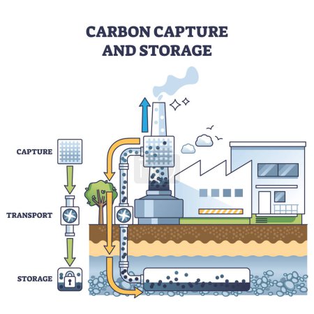 Carbon capture and CO2 greenhouse gases storage underground outline diagram. Labeled educational scheme with emissions reduction and catching exhaust vector illustration. Sustainable decarbonisation.