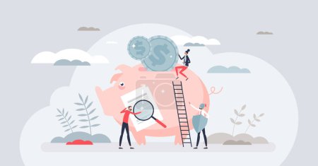 Illustration for Financial wellness and personal savings protection tiny person concept. Steady income flow and big bank deposit for retirement vector illustration. Professional economist wealth and money management. - Royalty Free Image