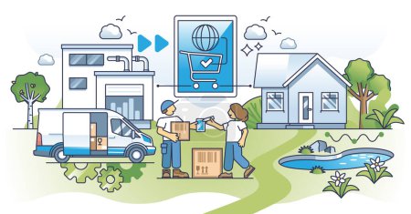 E-commerce fulfillment and order delivery in supply chain outline concept. Retail business package shipping with door to door distribution vector illustration. Fast and effective order handling.