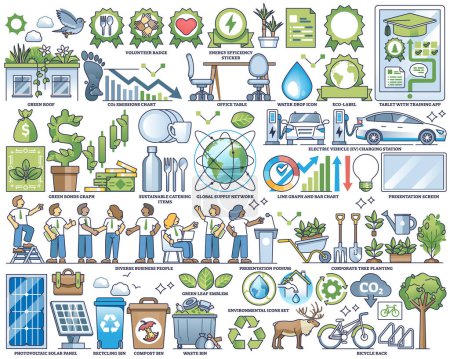 Illustration for Corporate sustainability or ESG green business practices outline collection set. Elements with ecological and responsible company vector illustration. Diverse people, forestation and recycling items. - Royalty Free Image