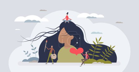 Illustration for Emotional wellness as mental health awareness and care tiny person concept. Psychological wellbeing and relaxation with hobby activities, calm mind and inner harmony or balance vector illustration. - Royalty Free Image