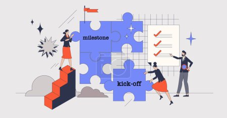 Illustration for Project planning with effective workflow management retro tiny person concept. Check task progress with milestones and kick off stages for productive business team work vector illustration. - Royalty Free Image