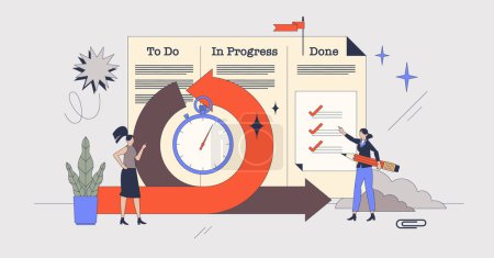 Illustration for Scrum framework methodology for work organization retro tiny person concept. Agile and effective method for project management and continuous improvement vector illustration. Implementation model. - Royalty Free Image