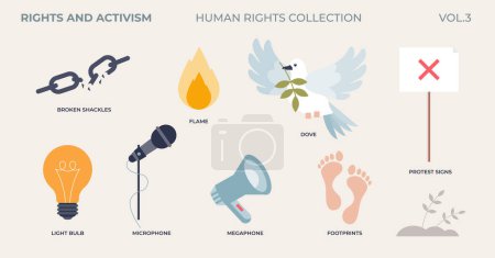 Rechte und Aktivismus Protestelemente in den Menschenrechten winzigen Sammlung Set. Beschriftete Artikel für kommunale und soziale Demonstrationen, um für Fairness, Gleichberechtigung und Demokratie zu kämpfen.
