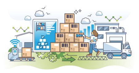 Illustration for Inventory management in supply chain for effective logistic outline concept. Warehouse distribution and stock control with smart storehouse solutions vector illustration. Work automation with IOT. - Royalty Free Image