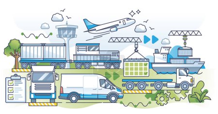 Illustration for Transportation modes in supply chain with delivery types outline concept. Multiple shipping options choosing airplane, ship, truck or van for logistic services vector illustration. Combined delivery. - Royalty Free Image