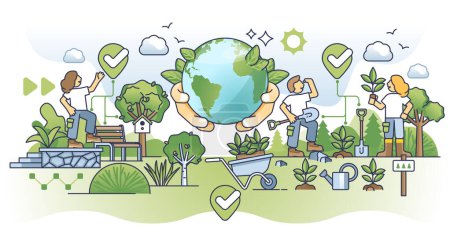 Illustration for Environmental awareness and forest conservation with plants outline concept. Nature friendly living and ecological volunteering vector illustration. Sustainability care with responsible society. - Royalty Free Image