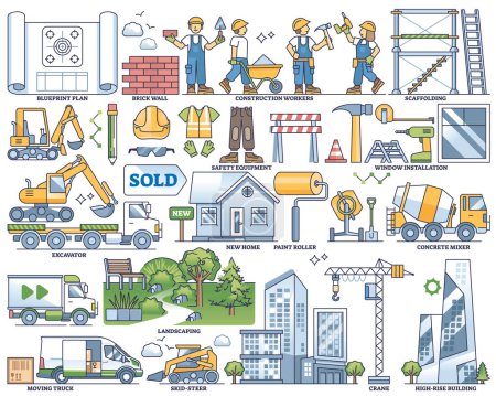 Constructing and residential development with building outline collection set. Labeled elements with equipment, workers heavy machinery and blueprints vector illustration. House or home renovation.