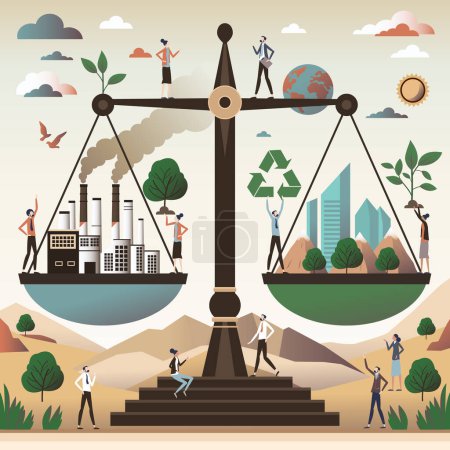 Economic growth vs environmental and nature protection tiny person concept. Compared business financial development with sustainable and ecological future vector illustration. Balanced resource usage