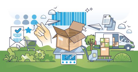 Order fulfillment in e-commerce business with fast shipping outline concept. Effective logistics from warehouse to customer vector illustration. Distribution process automation for high productivity.
