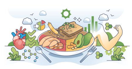 Illustration for Macronutrients as combination of carbs, protein and fat outline concept. Healthy eating habits or diet for strength and cardiovascular health vector illustration. Complex meal with balanced nutrition - Royalty Free Image