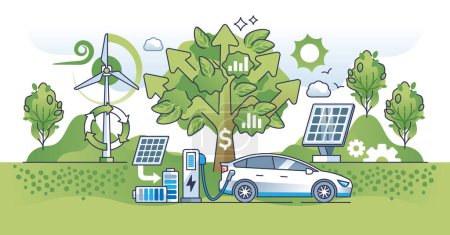 Illustration for Green business and sustainable energy production for profit outline concept. Environmental, profitable and nature friendly power from wind turbines and solar panels that charge EV vector illustration - Royalty Free Image