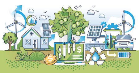 Illustration for Green business and sustainable alternative energy investment outline concept. Environmental power production profit with solar panels and wind turbines vector illustration. Nature friendly company. - Royalty Free Image