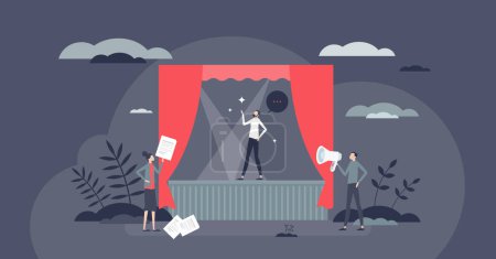 Illustration for Theater rehearsal and dramatic performance on stage tiny person concept. Show practice with actors, director and stage designer vector illustration. Classical entertainment art show with spotlights. - Royalty Free Image