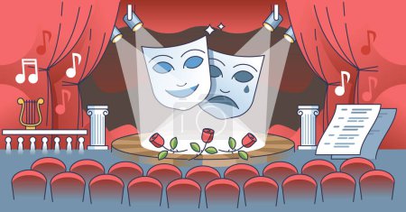 Illustration for Theater performance with acting show on classical stage outline concept. Entertainment with drama, opera or comedy presentation vector illustration. Stage with red curtain and decoration for act. - Royalty Free Image