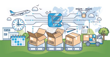 Illustration for Order fulfillment in e-commerce business and package handling outline concept. Effective and fast warehouse management process with distribution and logistic process optimization vector illustration. - Royalty Free Image