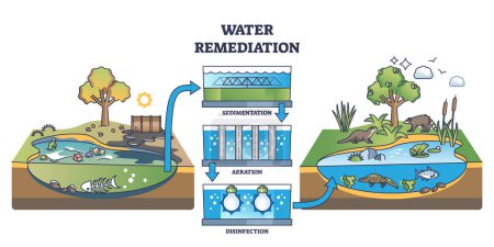 Wassersanierungsprozess von verschmutztem zu sauberem Umrissdiagramm. Beschriftetes Bildungsschema mit Sedimentations-, Belüftungs- und Desinfektionsstufen-Vektorillustration. Kontrolle der Wasserverschmutzung.