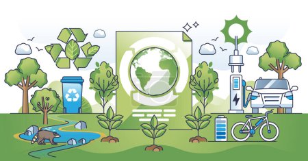 Illustration for Green policy and sustainable political standards for future outline concept. Alternative energy usage for environmental power consumption vector illustration. Ecosystem balance and CO2 awareness. - Royalty Free Image