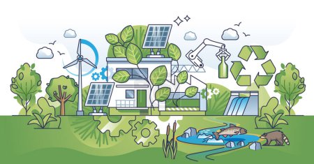 Illustration for Green manufacturing and clean energy usage for factory outline concept. Ecological production with sustainable and environmental power usage vector illustration. Clean and emission free facility. - Royalty Free Image