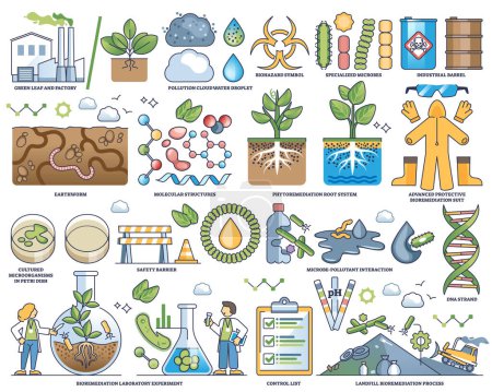 Illustration for Bioremediation as microorganism usage for soil treatment outline collection. Element set with nature contamination and microbes for cleanup vector illustration. Pollution removal with natural methods - Royalty Free Image