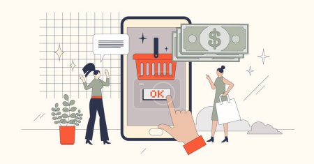 Illustration for Mobile commerce with online web shop purchases neubrutalism tiny person concept. Retail app with products and offers vector illustration. E-commerce and internet shopping payment transaction system. - Royalty Free Image