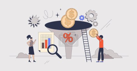 Illustration for Conversion rate optimization for marketing neubrutalism tiny person concept. Effective business promotion campaign with data funnel, information research and cost analysis vector illustration. - Royalty Free Image