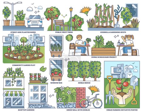 Illustration for Urban edible landscaping and sustainable community gardens outline collection set. Labeled elements with local organic food growth in window boxes, rooftop gardens and green walls vector illustration - Royalty Free Image
