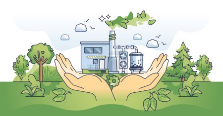 Illustration for CO2 carbon dioxide emissions with hands capturing fossil gas outline concept. Climate pollution from exhaust and factory smog vector illustration. Renewable and green power usage for manufacturing. - Royalty Free Image