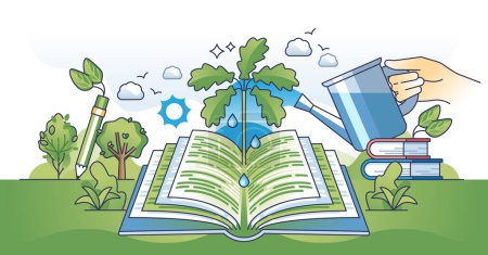Illustration for Environmental science and knowledge about nature in hands outline concept. Biology research and study for sustainable, nature friendly and ecological future vector illustration. Green development. - Royalty Free Image