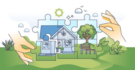 Illustration for Green building design for sustainable home building in hands outline concept. Ecological and nature friendly material usage for house construction vector illustration. Modern project development. - Royalty Free Image