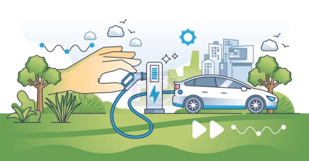 Illustration for Sustainable transportation and electric vehicles usage outline hands concept. EV as environmental and nature friendly alternative with zero CO2 emissions vector illustration. Ecological hybrid auto. - Royalty Free Image