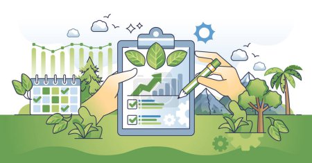 Illustration for Sustainability reporting and ecological statistics outline hands concept. Corporate ESG analysis with climate impact calculation vector illustration. Nature friendly green practices measurement. - Royalty Free Image