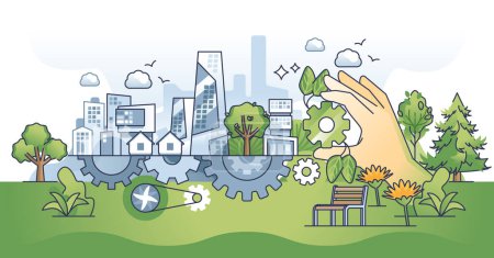 Illustration for Sustainable urban community with effective eco balance outline hands concept. City with economic development while protecting green areas and biodiversity vector illustration. Environmental care. - Royalty Free Image