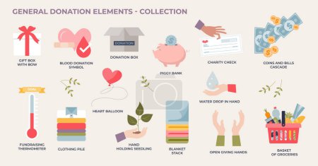 Illustration for Donation elements with giving money, food or clothes tiny collection set. Labeled items with financial, grocery or fundraising concept. Gifts, humanitarian assistance or aid vector illustration. - Royalty Free Image