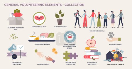 Illustration for Volunteering elements with community support or help tiny person collection set. Labeled items with humanitarian aid, financial help for poor people and charity to animals or pets vector illustration - Royalty Free Image