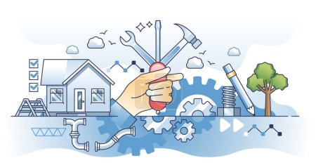 Illustration for Handyman occupation with house maintenance or fix task outline hands concept. Technical plumber, electrician or reconstruction work vector illustration. Craftsman employee with tools and knowledge. - Royalty Free Image