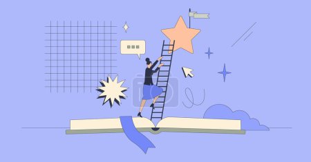Illustration for Professional development and improvement neubrutalism tiny person concept. Personal career growth with learning and new skills education vector illustration. Employee motivation and work ambitions. - Royalty Free Image