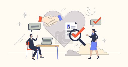 Illustration for Customer relationship management or CRM neubrutalism tiny person concept. Company care about clients and good relationship strategy vector illustration. Work with customer engagement and satisfaction - Royalty Free Image