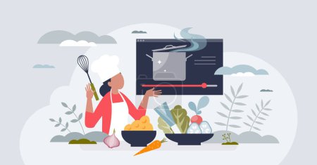 Illustration for Online cooking classes for meal preparation learning tiny person concept. Kitchen chef broadcasting and video streaming process of preparing food vector illustration. Culinary recipe explanation. - Royalty Free Image