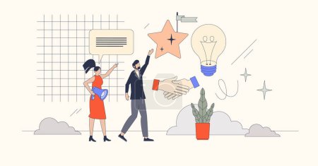 Illustration for Mentorship and career coach for success neubrutalism tiny person concept. Mentor or teacher as motivational support and encouragement help vector illustration. Professional advice for achievements. - Royalty Free Image