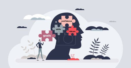 Illustration for Self concept and tiny person personality characteristics combination. Confidence, skills, values and goals as mix of individuality and ego yourself vector illustration. Thoughts in mind. - Royalty Free Image