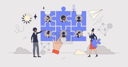 Illustration for Networking as making business connections neubrutalism tiny person concept. Corporate relationship strategy with effective communication and productive employee work structure vector illustration. - Royalty Free Image