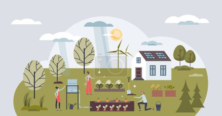 Illustration for Sustainable living movement with nature friendly life tiny person concept. Farmer house with environmental power source and garden with fresh local food for zero waste lifestyle vector illustration. - Royalty Free Image