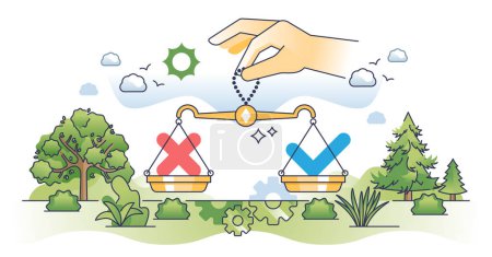 Illustration for Decision making process with correct and wrong options outline hands concept. Choice from possible opportunities with right and incorrect solutions vector illustration. Scales balance measurement. - Royalty Free Image