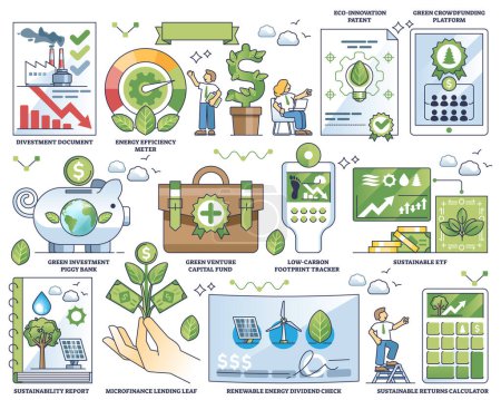 Illustration for Sustainable investing and ecological green business outline collection set. Labeled elements with renewable energy profit, environmental investments and ESG company practices vector illustration. - Royalty Free Image